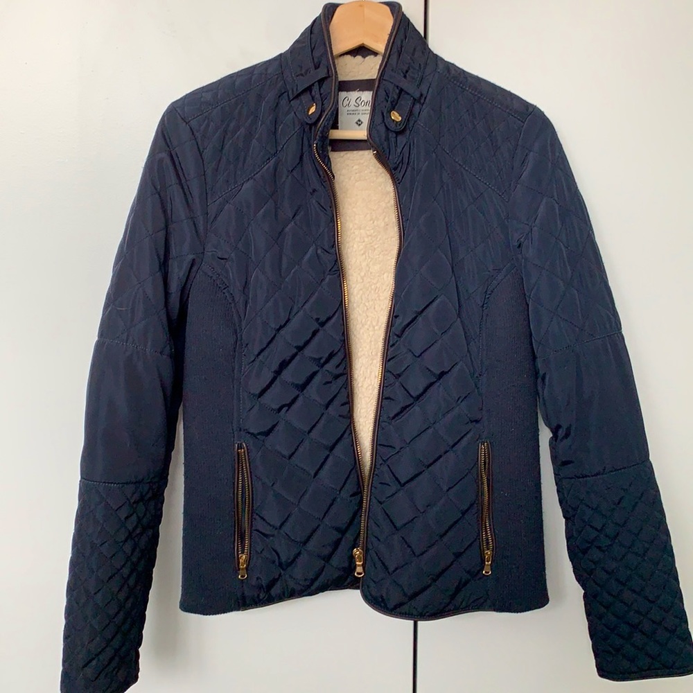 Chic Navy Quilted Jacket with Brown details - S